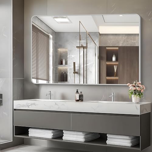 Image of 55x36 Inch Silver Bathroom Mirror, Large Rectangular Vanity Mirror, Metal Framed Rectangle Mirror, Rounded Corner Wall Mounted Mirrors for Living Room Bedroom Entryway Horizontal or Vertical