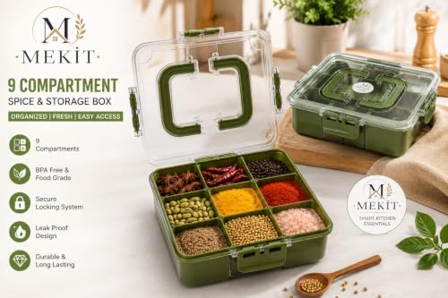 Image of MEKIT Masala box plastic With 9 Compartment | Big Kitchen Stylish Airtight Spice box Container | Transparent Organizer For kitchen storage Dabba (23x23x7cm) Olive Green