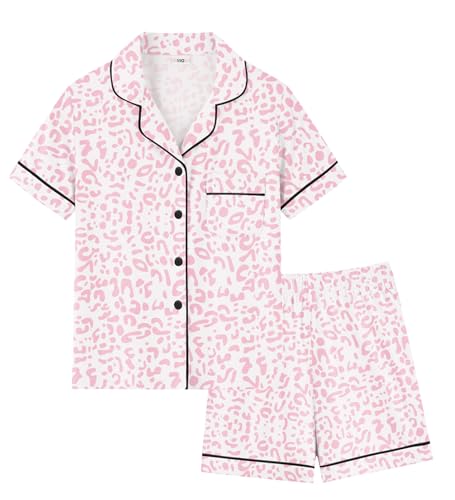 SWOMOG Girls Pajamas Short Sleeve Button Down Sleepwear 2PCS Kids Pajama Set Cute Summer Toddler Pjs Pink Leopard