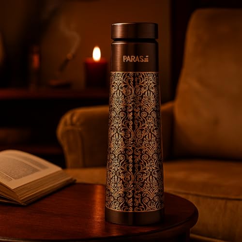 PARAS Handcrafted 32 oz Antique Pure Copper Water Bottle, Vintage Finish, Leak-Proof, BPA-Free, Ayurvedic Drinkware with Cleaning Brush