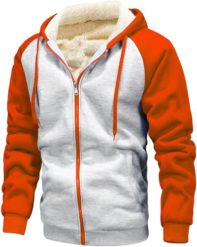 GXAMOY Men's Winter Fleece Hoodies for Men Heavyweight Warm Thick Full Zip Up Sweatshirt Outerwear Grey Orange (975) M