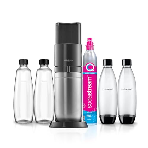 SodaStream Duo Pack - Máquina Gasificadora de Agua Color Negro con 2 Botellas Fuse de 1L 2 Botellas Fuse Glass de Cristal de 1L y 1 Cilindro de Gas Color Rosa, Para Preparar Hasta 60L de Agua con Gas