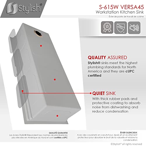 Stylish 45 Inch X 19 Inch Stainless Steel Double Bowl Undermount 16G Workstation Reversible Ledge Kitchen Sink With Basket Strainer, Grids, Drying Rack,Cutting Board,Serving Boards And Colander S-615W #TOP2