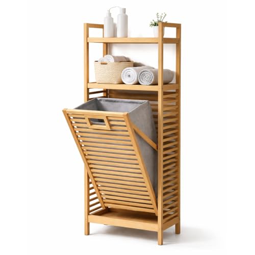 Estante com Cesto de Roupa Suja em Bambu, com Prateleiras, Estilo Natural