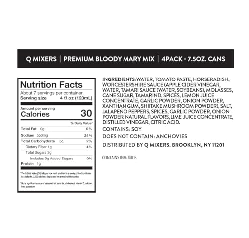 Image of Q BLOODY MARY MIX, Real Vine-Ripened Tomatoes with 7 Herbs & Spices - Ideal for Cocktails & Mocktails - Made with Real Ingredients & Less Sweet - 30 Calories per Serving - 7.5 Fl oz Cans (Pack of 24)