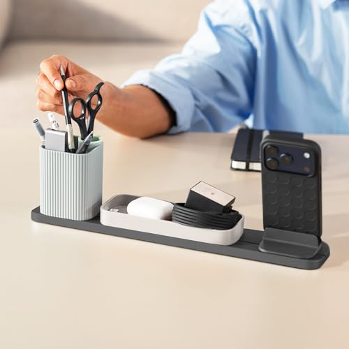 Image of DailyObjects Bar Desk Organizer for Office Desk & Study Table | Premium Aluminium Base Tray with Pen Stand | Phone Stand & Multipurpose Workspace Storage - (Slate)