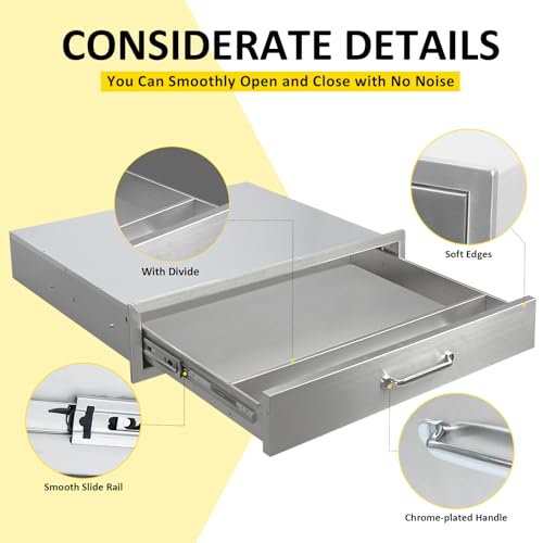 Image of Outdoor Kitchen Drawers 30 inch W x 6.5 inch H x 23 inch D Flush Mount BBQ Single Drawers with Divider,Built-in Stainless Steel Drawer with Chrome Handle for Outdoor Kitchen Island Patio Grill Station