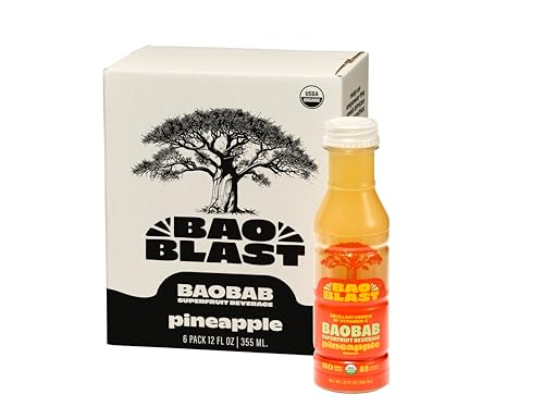 BaoBlast Pineapple Baobab Drink – Organic Baobab + Pineapple Juice, Low Sugar Functional Beverage with Vitamin C & Electrolytes – Immune & Digestive Support – 6 Pack, 12 fl oz