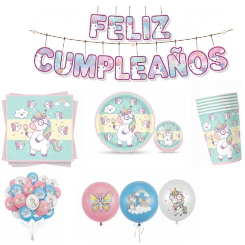 Vajilla Cumpleaños Unicornio Decoracion Completa 175 Piezas 30 Iinvitados - Pack Platos Desechables Elegantes Vasos Servilletas - Set Unicorn-30 Globos Cumpleaños Fiesta Feliz Pancarta happybirthday