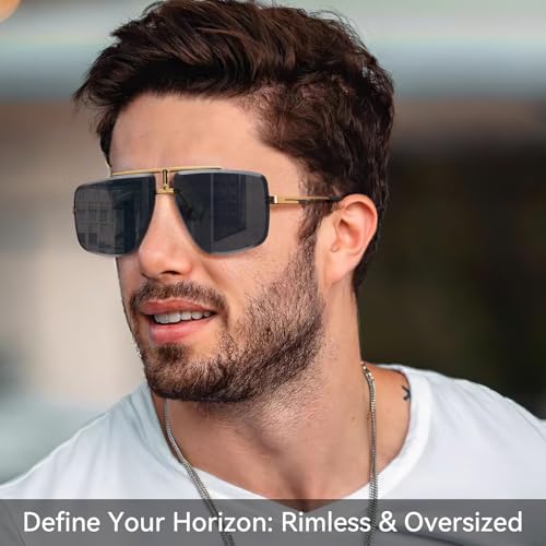 Image of Rimless Oversized Square Sunglasses for Men Trendy Fashion Big Shades Tinted Lens Gold Metal Frameless Glasses UV400