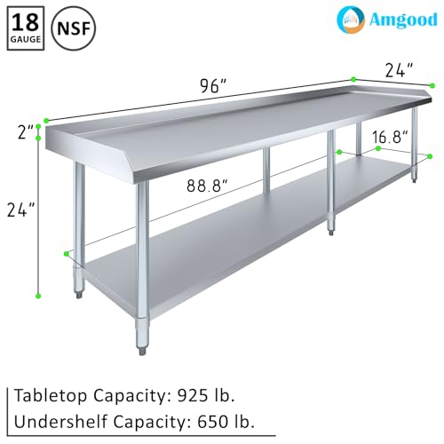 Image of AmGood Stainless Steel Equipment Stand - Heavy Duty, Commercial Grade, with Undershelf, NSF Certified (24 inch Width x 96 inch Length)