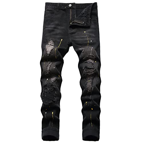 MXCVYCC Men's Ripped Slim Fit Jeans Black Distressed Jeans for Men Straight Leg Designer Fashion Pants(36, Black-Designer Jeans) by MXCVYCC - Used condition - US$30.40