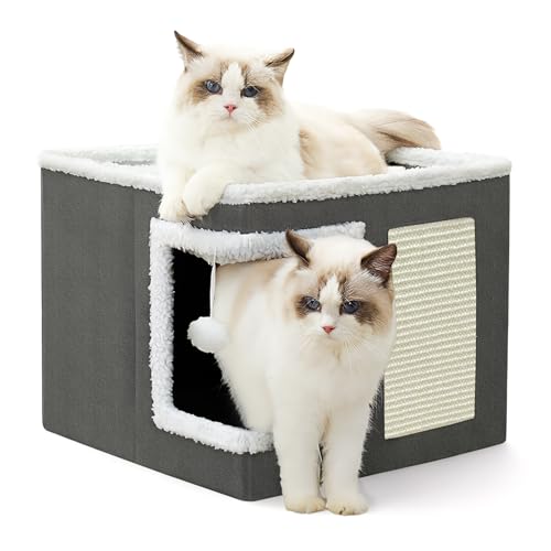 Foldable 2 Layer Cat House Bed with Scratching Board, Grey