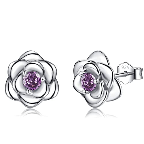 Klein Rose Ohrstecker Silber 925 für Damen Mädchen, Silber Rose Ohrringe mit Lila Zirkonia Zierliche Knorpel Tragus Helix