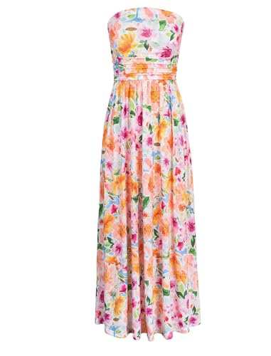 HUSKARY Floral Dress for Women Colorful Floral Print Summer Sun Dresses Ladies Off Shoulder Boho Beach Maxi Dress with Pockets Orange Pink Floral S