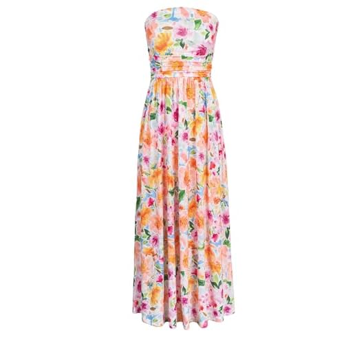 HUSKARY Tube Top Dress for Women Summer Casual Off Shoulder Midi Beach Vacation Dresses with Pockets X-Large Orange Pink Floral