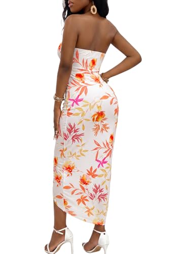 Image of Umenlele Women's Strapless Ruched High Waist Wrap Split Asymmetrical Beach Maxi Long Dress