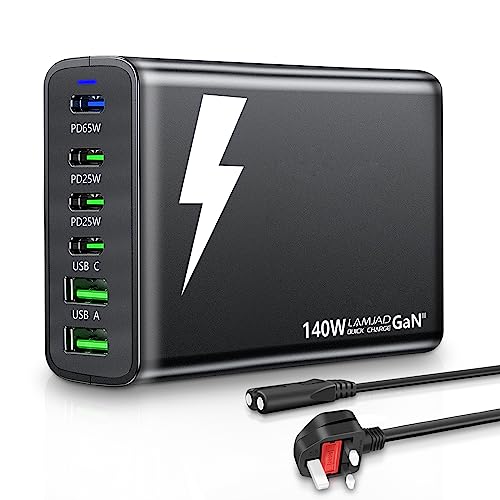 USB C Charger,LAMJAD 140W Multi USB Charger,6-Port GaN PD Travel USB Charging Station,4 USB-C+2 USB-A Portable Fast Charger Plug Compatible with MacBook Pro/hp Laptop/iPad/iPhone15/14/13/Huawei(black)