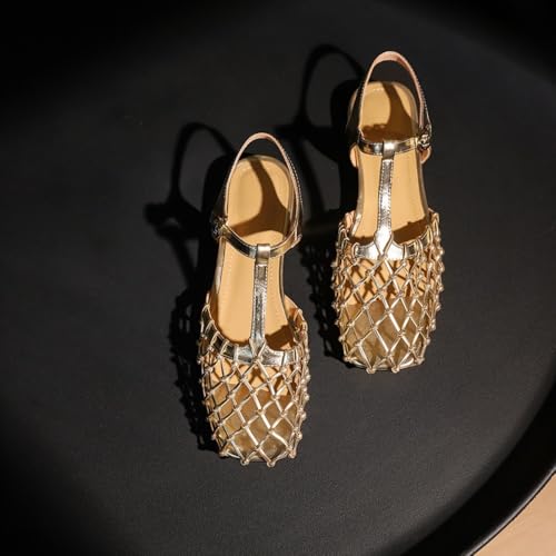Mesh Mary Jane Flats for Women Gold Hollow Sandals Slip on House Slippers Wide Sparkly Dress Shoes Square Toes T-Strap Slingback Retro Lightweight Breathable Summer Casual Walking Slides Low Heels3