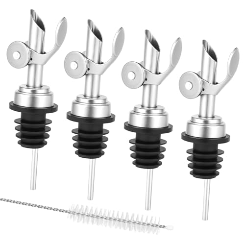 4 Stück Ausgießer Spirituosen mit Reinigungsbürste, Edelstahl Flaschenausgießer mit Automatischer Klappdeckel, Weinausgießer, Ausguss für Wein und Spirituosen, ideal für Cocktails, Partys, Home-Bar