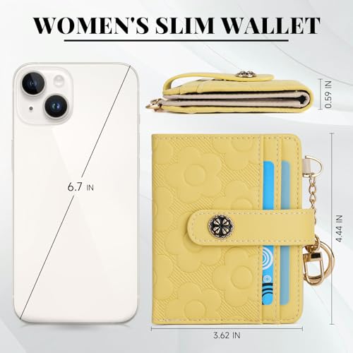 Image of RFID Wallet Women,Slim Small Wallets Embossed Flower Leather Bifold Compact Ladies Girls Wallet with Credit Card Holder Zipper Coin Pocket Yellow
