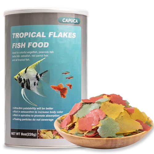 Ultrathin Tropical Fish Food Flakes - 8oz High Protein with Krill & Spirulina, Easy Swallow Color Enhancing & Growth for Betta Guppies Tetra Angelfish