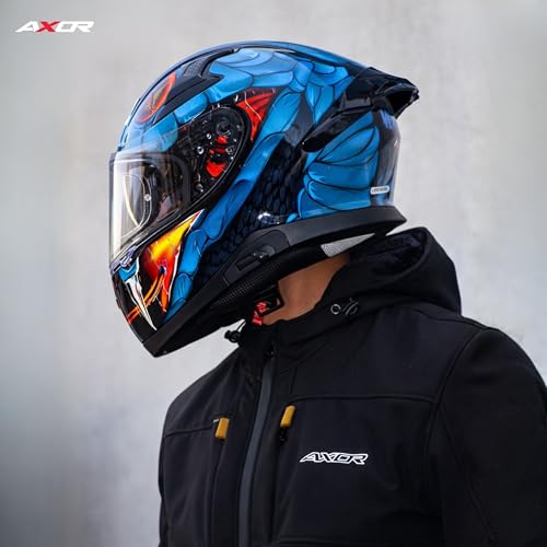 Image of Axor Apex Venomous ISI ECE DOT Certified Full Face Dual Visor Helmet for Men and Women with Pinlock Fitted Outer Clear Visor and Inner Smoke Sun Visor Black Blue(XL)