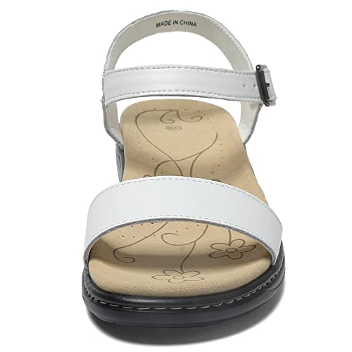 Image of Women's Classic Flat Sandals Leather Open Toes Memory Foam One Band Ankle Strap Adjustable Slip On Shoes