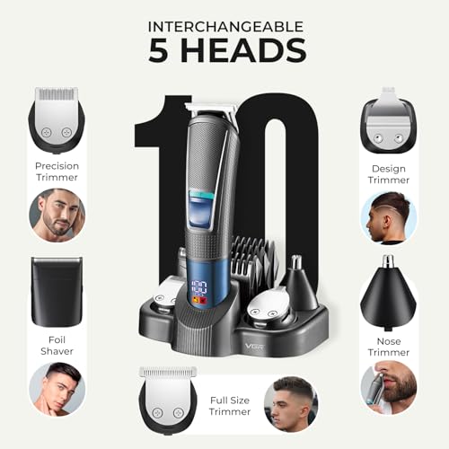 Image of VGR V-108 Professional 10-in-1 Grooming Kit with LED Display, All-in-one Trimmer for Men, Suitable for Face, head, Nose, Ear & Body Grooming, 120 min Runtime, 2 Year Warranty (Black, Blue)