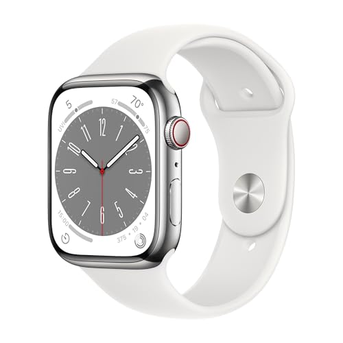 Image of Apple Watch Series 8 (GPS + Cellular, 45MM) Silver Stainless Steel Case with White Sport Band (Renewed)