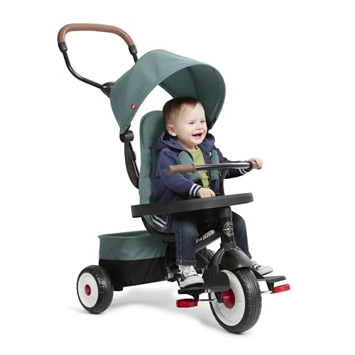 Radio Flyer City 4-in-1 Stroll 'N Trike, Teal, for Riders 1-5 Years Old, 4 Riding Modes, 3 Point Harness with Comfort Pad, Parent Controlled Steering, Rear Storage, Stroller Tricycle for Toddlers