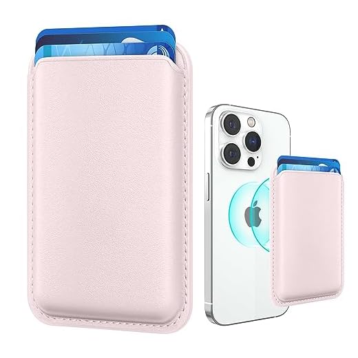 Amzone Magnetic Mag-safe Wallet Cell Phone Card Holder for Phone Case with Mag-Safe, Stronger Magnetic RFID Leather Phone Wallet Stick on Series of iPhone 15/14/13/12 and Pro/Promax, Light Pink