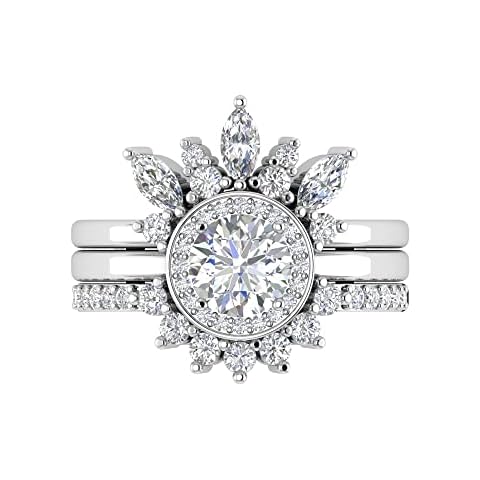 TwoBirch Sterling Silver Cubic Zirconia Delicate Tiara Floral Design Border Ring Guard Round Halo Engagement Ring CZ Duo Stackable Ring Set (Size 8) Cover