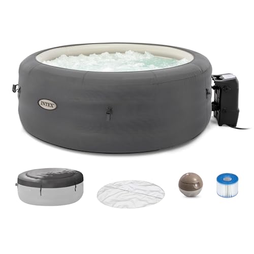 INTEX SimpleSpa 4 Person Round Inflatable Hot Tub, Bubble Massage Spa Set with Insulated Cover, Thermal Ground Cloth, & Chemical Dispenser, 77 in x 26 in