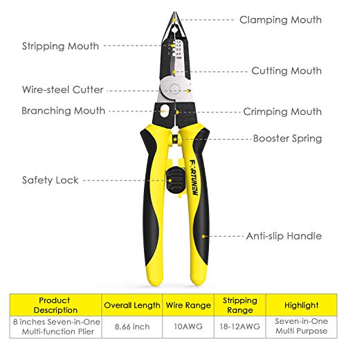 Fortunew Wire Stripper Multi-function Multi tool 7-in-1 Combi Plier 8 Inches DIY Electrical Wiring Work Cable Cutter Sharp-nose Plier Wire Crimper