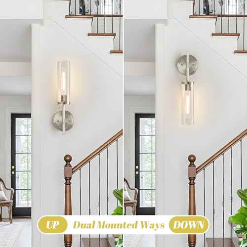 Image of MOKATNG Wall Sconces Set of Two, Brushed Nickel Bathroom Sconces with Clear Glass, Hardwired Sconces Wall Decor Set of 2, Modern Wall Light Fixtures for Bathroom Mirror Living Room Bedroom Hallway