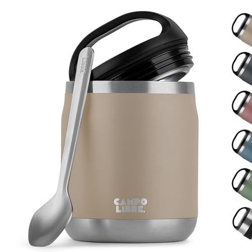 Campo Libre.® Lotta, Thermobehälter für Essen, Edelstahl Thermobecher Essen mit Löffel, Warmhaltebehälter Essen, Mueslicup oder Babybrei Warmhaltebox, Thermo-Essensbehälter, Beige, 600ml