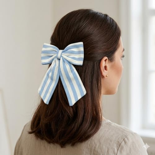 Image of Radhu & Kabby Premium Fabric Hair Bow Clip for Women & Girls | Cute Striped Cotton Bow Hair Accessory