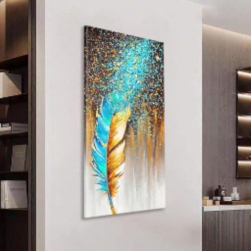 Toile d'art abstrait plumes dorées habille grand mur vide salon et chambre 70x140