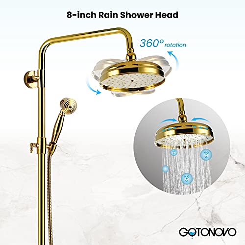 Gold Polished Shower Faucet Sets 8 Inch Rainfall Shower Head Bathtub 2 Cross Knobs Mixer Rain Shower System Adjustable Hand Held Spray Shower Unit #TOP4