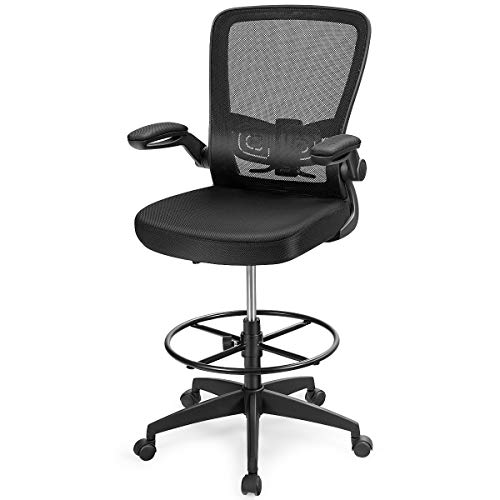Giantex Adjustable Drafting Chair, 360° Swivel Designed Mesh Fabric Chair w/Lumbar Support, Humanized Foot Ring & Soft Cushion, Executive Chair for Working Studying Gaming, Black