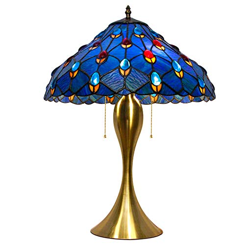 WXDL Tiffany Lampe de Bureau Vintage Paon Bleu Vitrail Lampe de Table Table de Chevet Salon Chambre à Coucher Bureau Cadeau Lampe de Chevet avec Base en Fer Sirène, E27,50CM