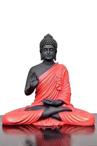 Image of Beautiful Sitting Buddha Idol Statue for Home & Garden Living Room | Healing Spirit Blessing Buddha Statue - 15 Inch Size (Red + Black)