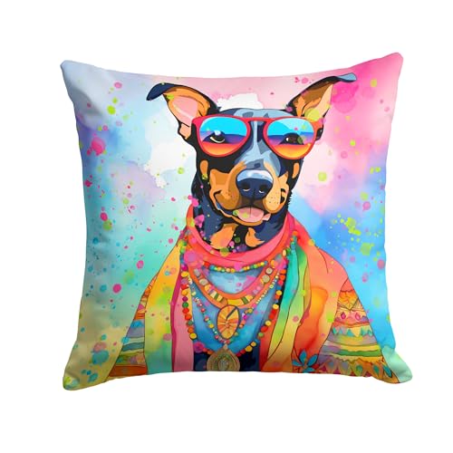 Caroline's Treasures DAC2502PW1414 Doberman Pinscher Hippie Dawg Fabric Decorative Pillow Machine Washable, Indoor Outdoor Decorative Pillow for Couch, Bed or Patio, 14Hx14W