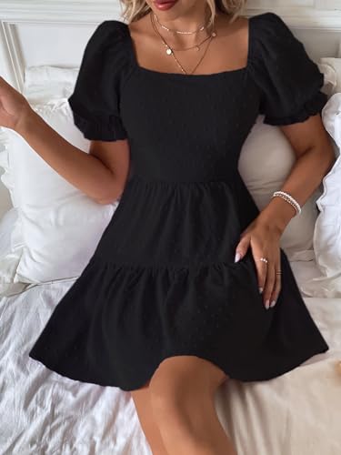 BEAUDRM Women\'s Puff Sleeve Square Neck Ruffle Hem Mini Dress Tie Back High Waist A Line Dresses Black