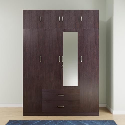 Image of VIKI Wardrobe | Wooden Almirah for Clothes,Door for Bedroom with Loft, 4 Door Wardrobe with Drawer, Mirror & Hanging Space (Dark Wenge - 40D x 160W x 220H) | 1 Year Warranty | Free Assembly