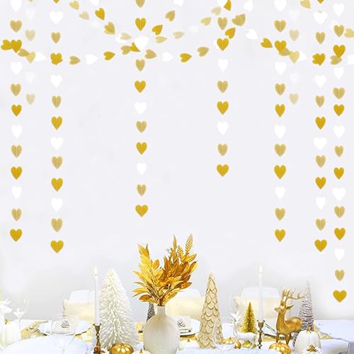 Image of White-Gold Champagne Party-Decorations Graduation Heart Garland Streamers - 39Ft Bachelorette Engagement Hanging Paper Banner, Bridal Baby Shower Wedding Birthday Decor Party Supplies