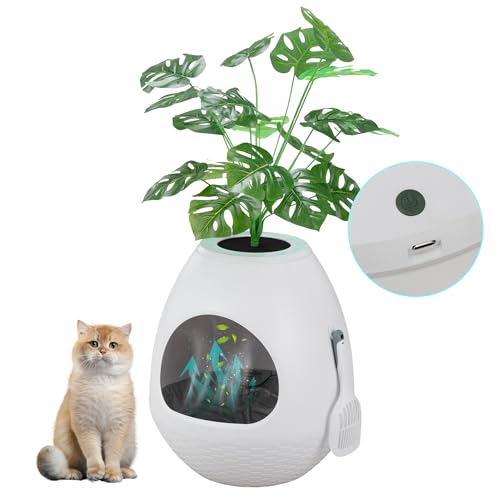 Cat Litter Box Furniture Enclosed Cabinet with Odour Control & Faux Plant, Hidden Litter Box Enclosure with Scoop & LED Light, Includes Litter Bags, White