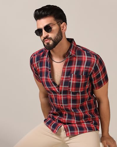 Image of TOPLOT Men's Regular Fit Casual Shirt Checks Design with Spread Collar & Half Sleeves