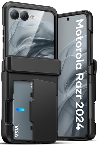 ATATOO for Motorola Razr 2024 Case Wallet, Built-in Card Holder (3 Cards) & Hinge Protection & HD Screen Protector, Military Grade Protection, Rugged Protective Phone Case for Moto Razr 2024, Black